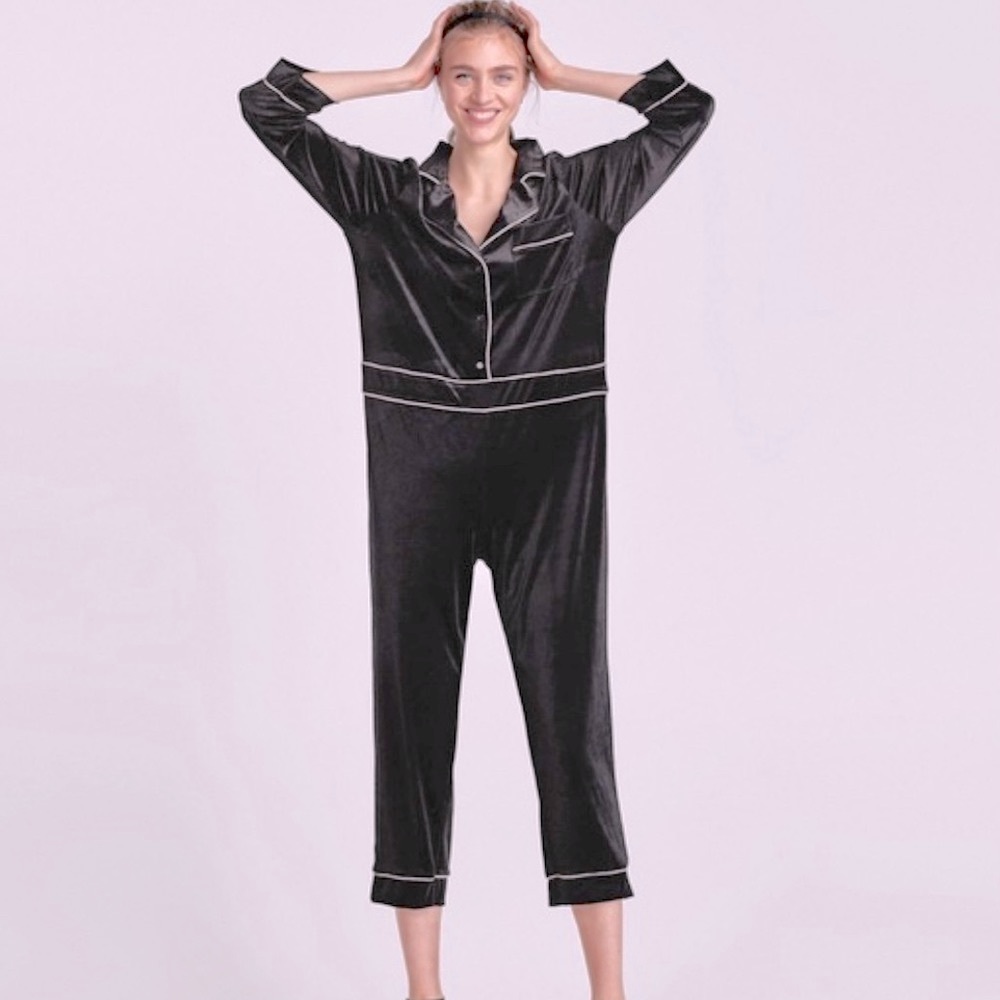 Zara Knit Black Pajama Inspired Velvety Jumpsuit Size S